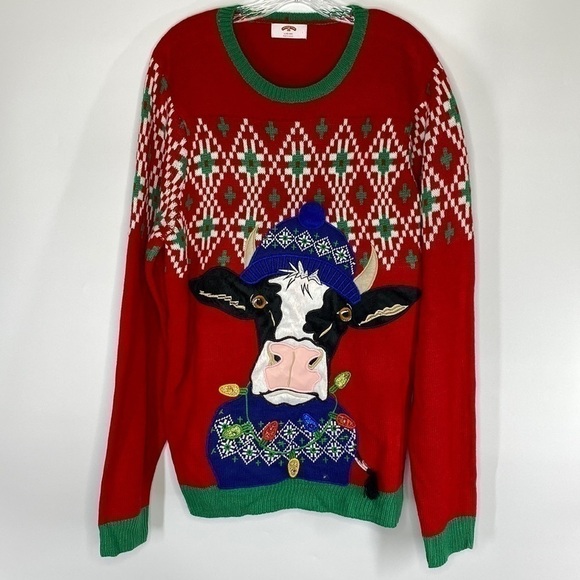 Holiday Time Christmas Cow Light Up Crewneck Sweater Size Large - Picture 1 of 7